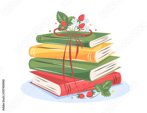 Books with flowers and strawberries on white background.  Design for summer greeting card for library or bookstore. Vector illustration