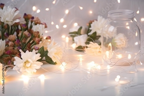 Wedding decor white lights glowing and shining with flowers. AI generated
