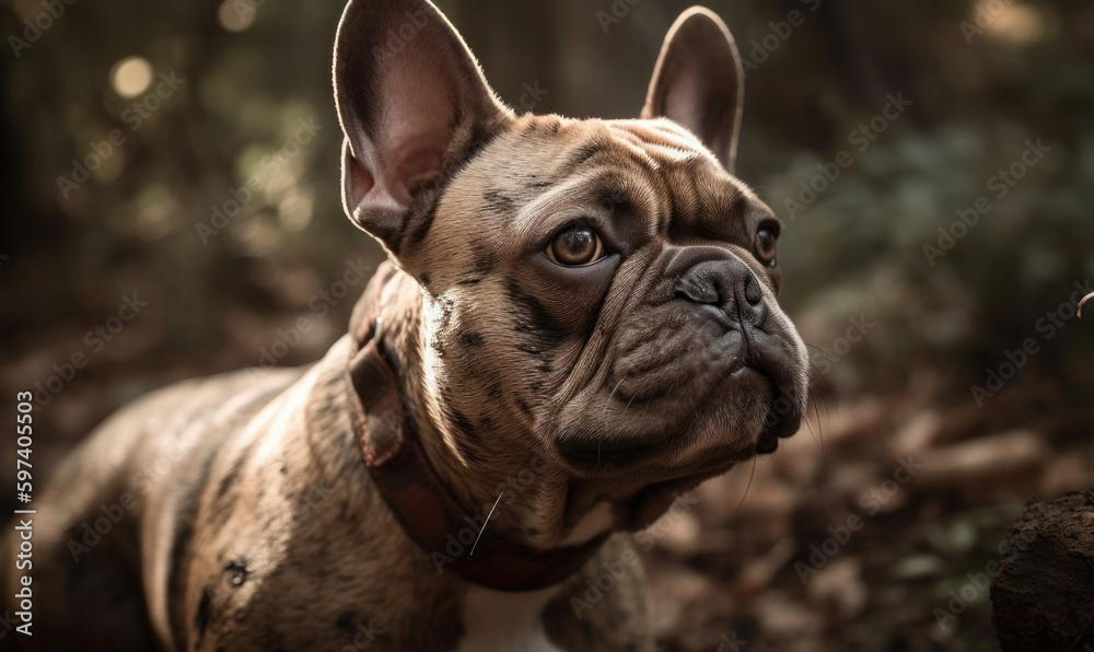 close up photo of French Bulldog on natural forest background. Generative AI