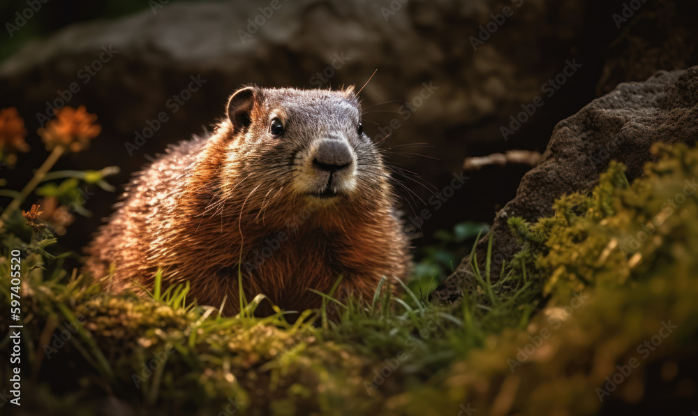 Photo of groundhog, captured as it emerges from its burrow in early morning light. composition highlights animal's natural habitat, with lush greenery and a soft, diffused background. Generative AI Photo of groundhog, captured as it emerges from its burrow in early morning light. composition highlights animal's natural habitat, with lush greenery and a soft, diffused background. Generative AI
