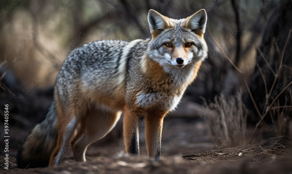 photo of gray fox in its natural habitat. Generative AI