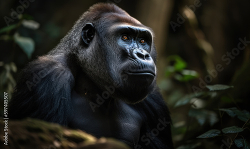 photo of gorilla in its natural habitat. Generative AI © Bartek