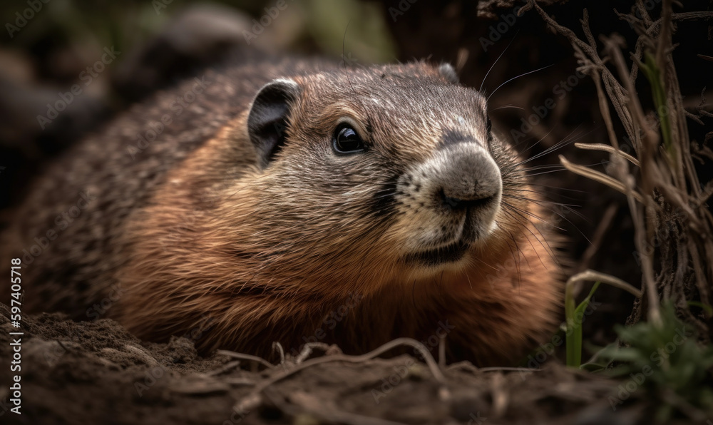 close up photo of groundhog on blurry natural background. Generative AI close up photo of groundhog on blurry natural background. Generative AI