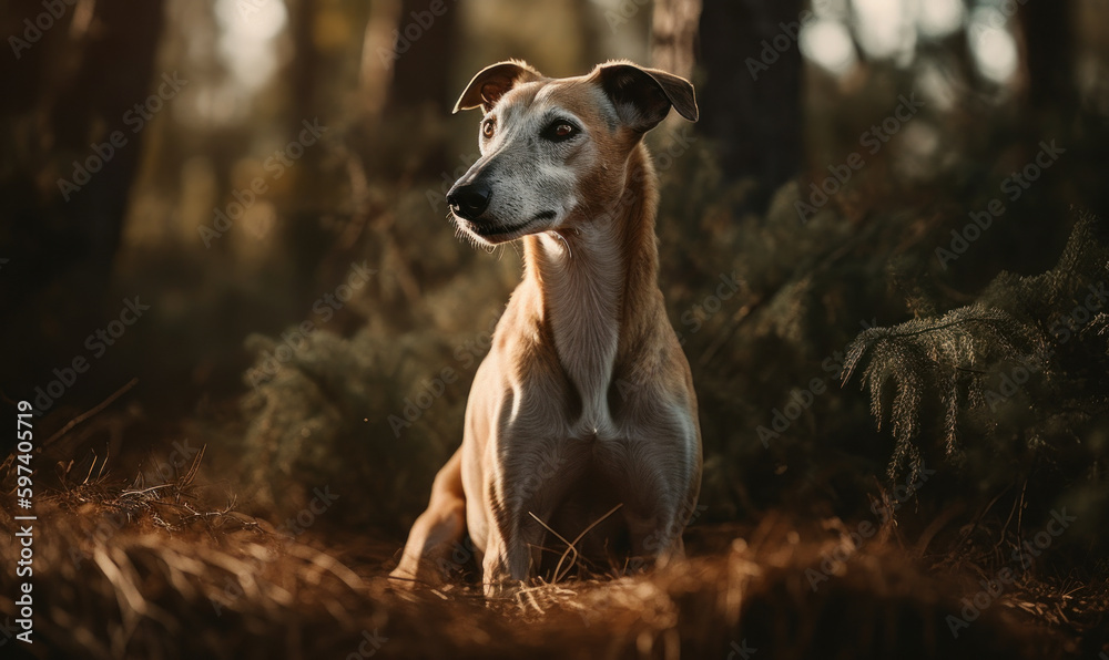 sunset photo of sitting Greyhound in its natural habitat. Generative AI sunset photo of sitting Greyhound in its natural habitat. Generative AI