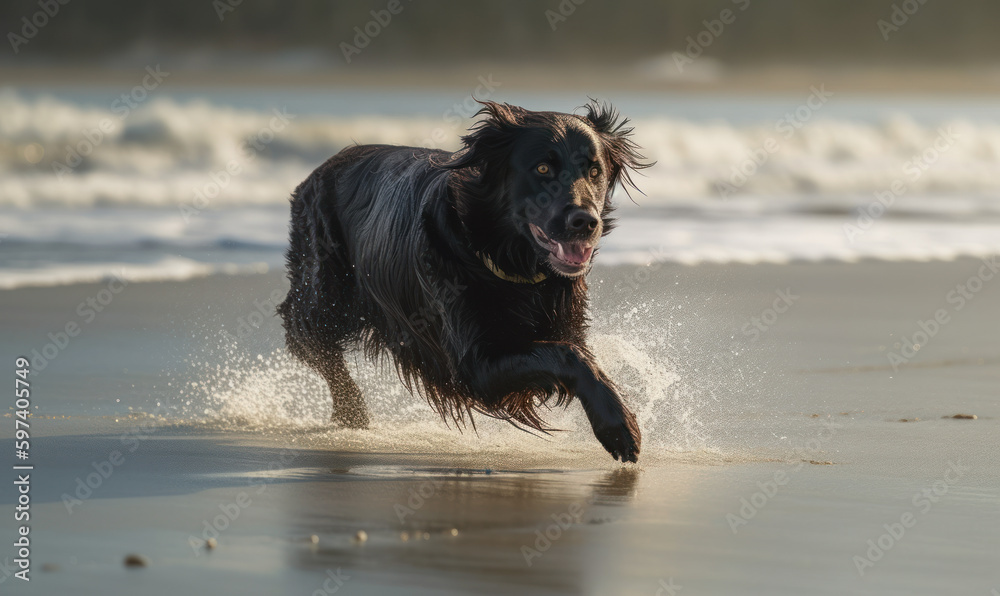 Photo of flat-coated retriever, captured in motion while running on a sunny day at the beach with sun illuminating the dog's wet fur and the surrounding sand. Generative AI