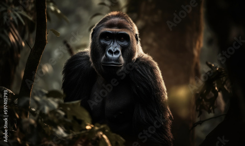 Photo of gorilla  imposing   majestic  standing tall in heart of an African rainforest. gorilla s thick fur  rippling muscles  and intense gaze are illuminated by the soft  warm light. Generative AI