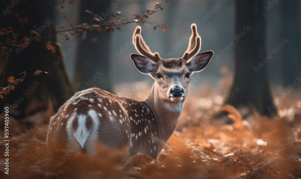 Fallow deer (Dama dama) captured in golden hour of a misty, dewy forest clearing, highlighting deer's delicate features & majestic presence revealing its intricate patterns and colors. Generative AI Fallow deer (Dama dama) captured in golden hour of a misty, dewy forest clearing, highlighting deer's delicate features & majestic presence revealing its intricate patterns and colors. Generative AI