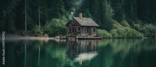Obraz na plátne A small cabin sits calmly in the middle of a lake ,  Generative AI