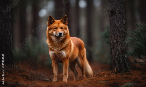 Finnish spitz, captured in classic Nordic forest with its characteristic fiery red coat standing out against the backdrop of pine trees emphasizing the breed's unique fox-like features. Generative AI © Bartek