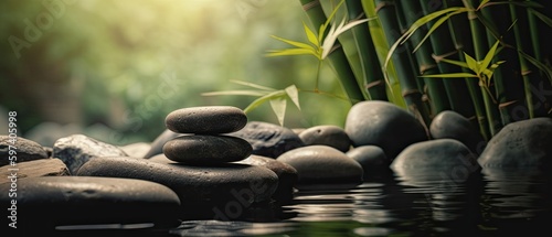 Relaxing wellness background with stones and bamboo waterfall background ,Generative AI   © HappyTime 17
