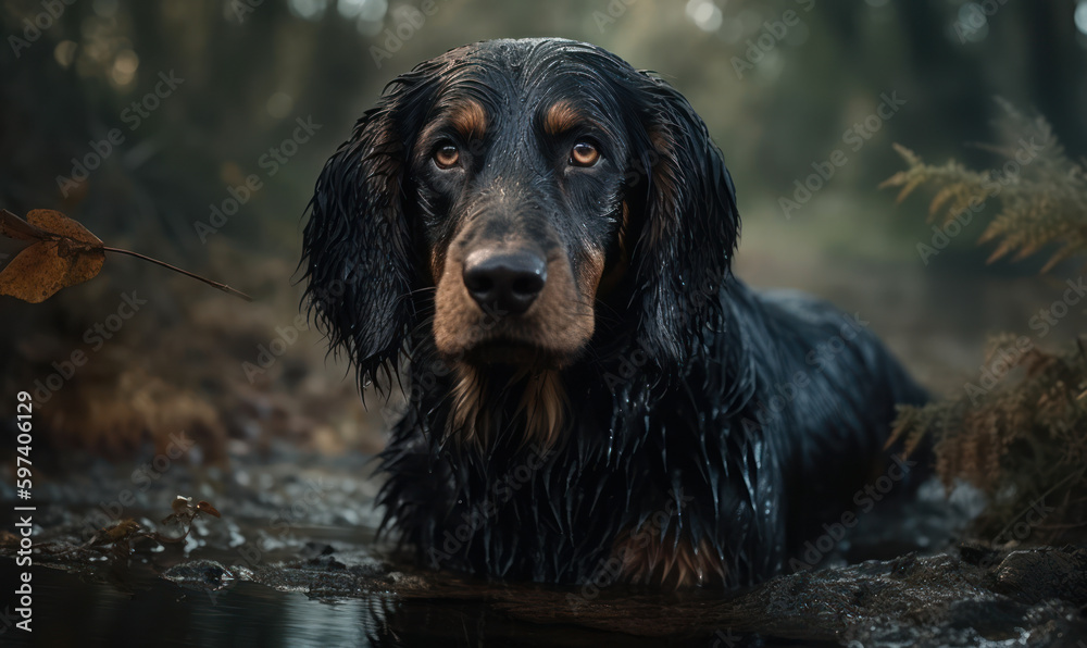 photo of Gordon setter standing in forest river. Generative AI