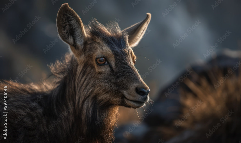 Goral (genus Naemorhedus, captured in a moment of calm contemplation amidst rugged terrain of the Himalayas. Portrait accentuating the goral's majestic horns and intricate fur patterns. Generative AI
