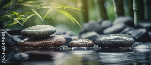 Relaxing wellness background with stones and bamboo waterfall background  Generative AI  