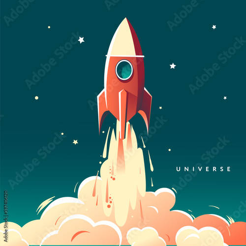 Flying red rocket with the word universe, vector