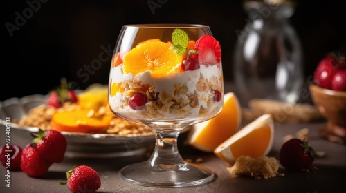 classic parfait with tropical fruits and wine