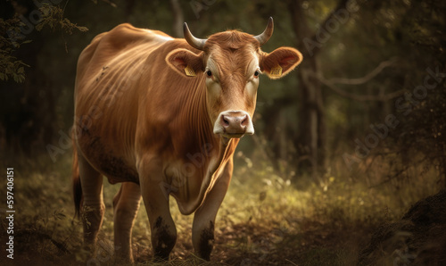 photo of Guernsey cow in its natural habitat. Generative AI