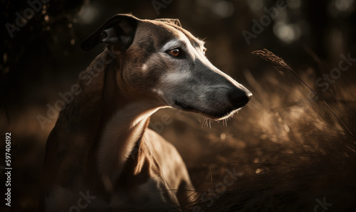 close up photo of Greyhound on blurry natural forest background. Generative AI