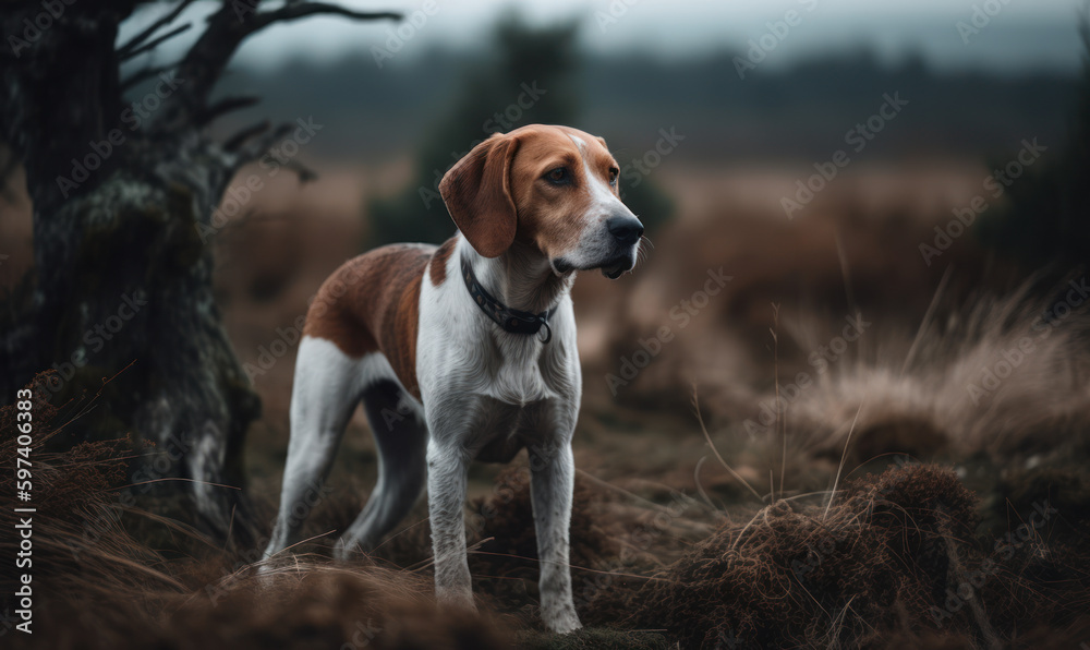 Photo of foxhound, poised and alert amidst a sprawling countryside, lighting accentuates the hound's muscles and the texture of its coat, showcasing its agility and speed. Generative AI