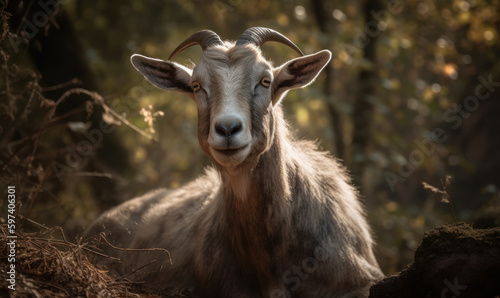 sunset photo of goat on blurry forest background. Generative AI