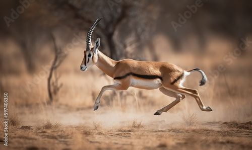 Photo of gazelle, captured in breathtaking moment of speed & agility as it gracefully bounds across savannah emphasizing its sleek form & highlighting the dust kicked up by its hooves. Generative AI