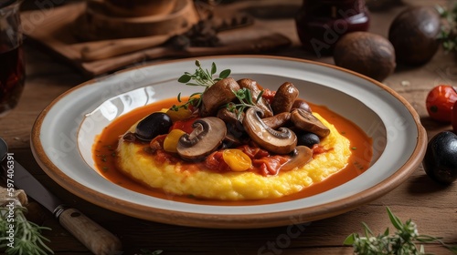 italian classic polenta served with rabbit mushroom