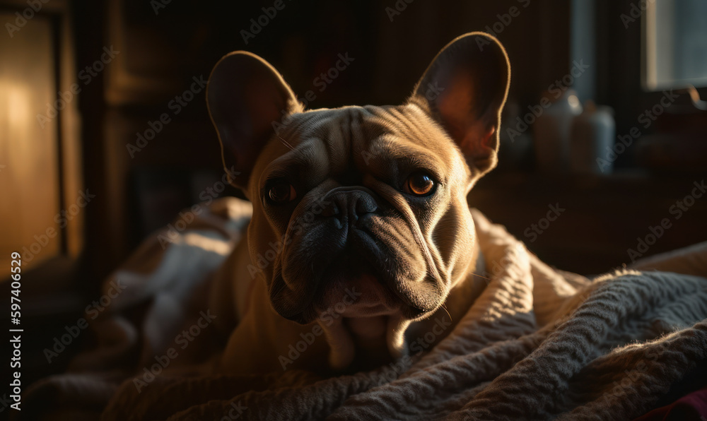Photo of French Bulldog lounging in a cozy Parisian apartment, surrounded by plush pillows & soft blankets. setting perfectly captures breed's characteristic love of comfort & luxury. Generative AI