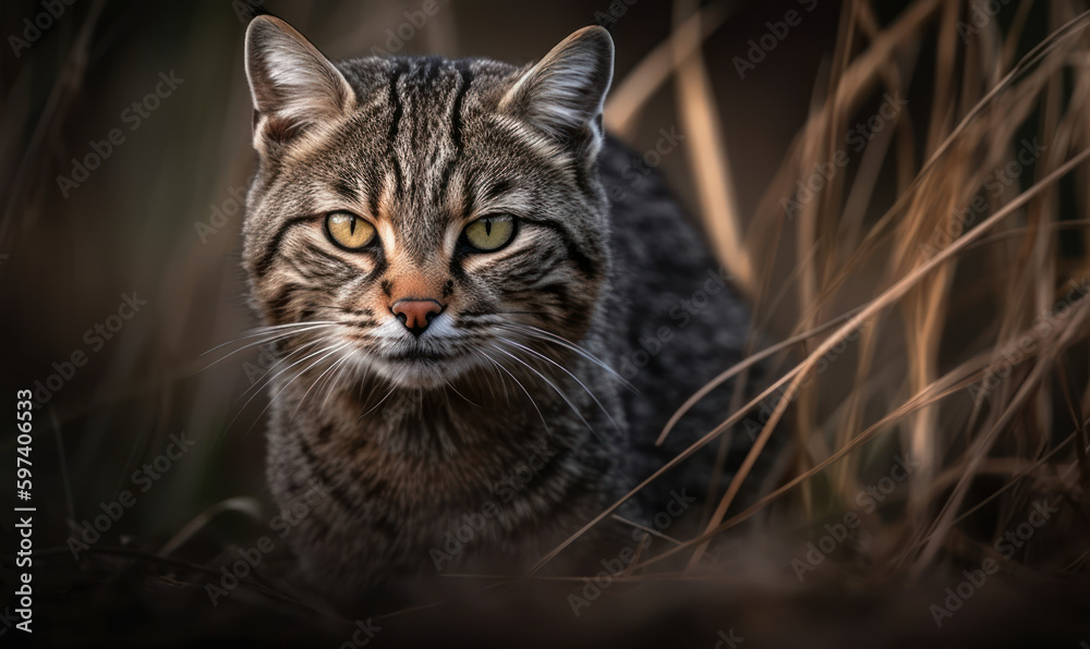 Geoffroy’s cat, small wild feline native to South America, crouched low in tall grass, alert & ready to pounce on its prey. portrait captures essence of Geoffroy's cat in its habitat. Generative AI