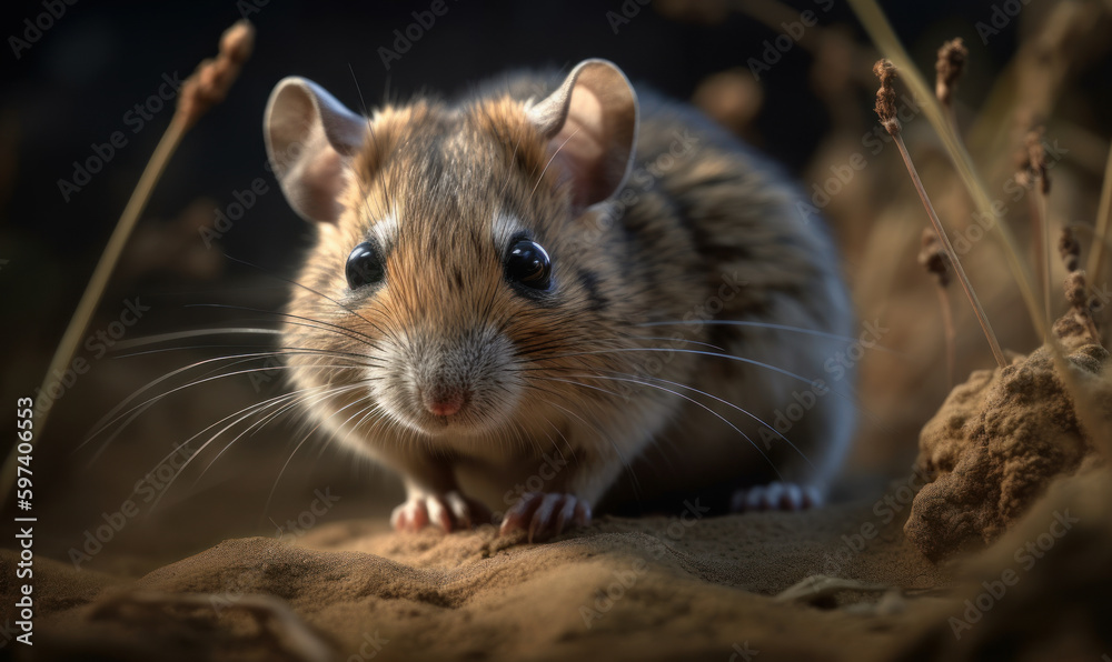 Photo of grasshopper mouse poised for action as it prepares to pounce on its prey showcasing the mouse's agility and predatory instincts with its raw power and beauty. Generative AI Photo of grasshopper mouse poised for action as it prepares to pounce on its prey showcasing the mouse's agility and predatory instincts with its raw power and beauty. Generative AI