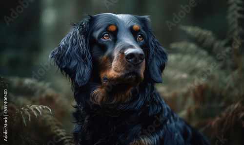 close up photo of Gordon setter on blurry forest background. Generative AI