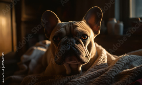 Photo of French Bulldog lounging in a cozy Parisian apartment  surrounded by plush pillows   soft blankets. setting perfectly captures breed s characteristic love of comfort   luxury. Generative AI