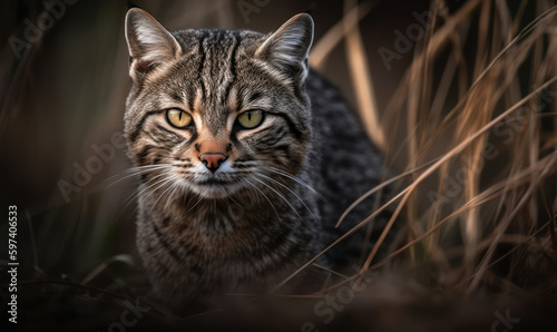 Geoffroy’s cat, small wild feline native to South America, crouched low in tall grass, alert & ready to pounce on its prey. portrait captures essence of Geoffroy's cat in its habitat. Generative AI