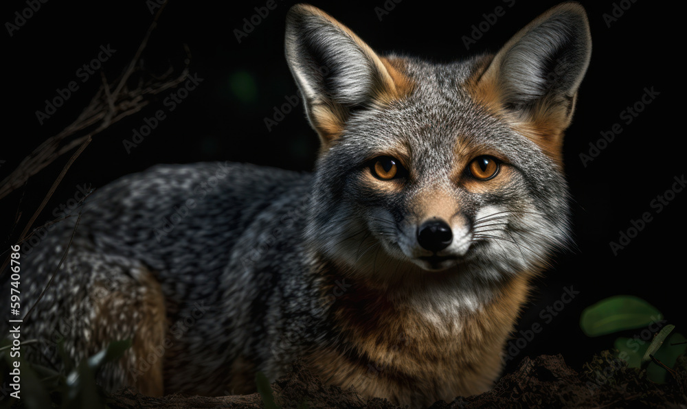 night photo of gray fox on black background. Generative AI night photo of gray fox on black background. Generative AI