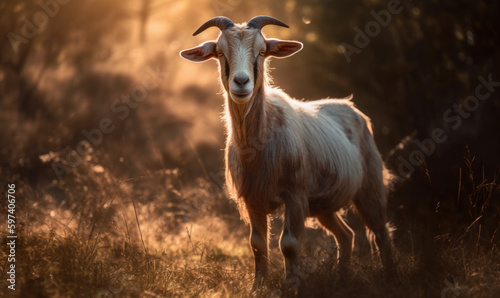 sunset photo of goat on blurry forest background. Generative AI