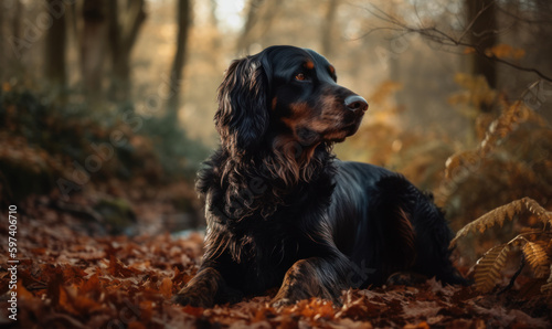 photo of Gordon setter sitting on an Autumn forest path.Generative AI