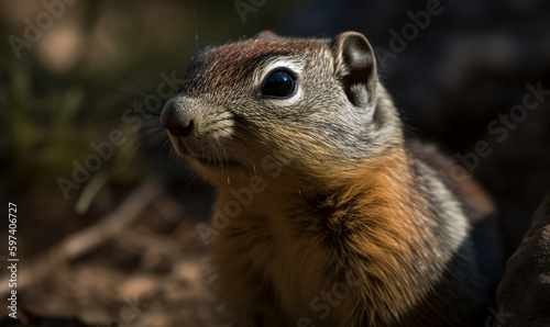 close up photo of ground squirrel on blurry forest background. Generative AI © Bartek