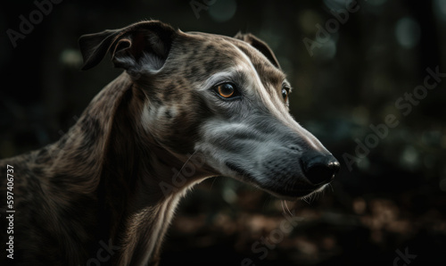 close up photo of Greyhound on blurry natural forest background. Generative AI
