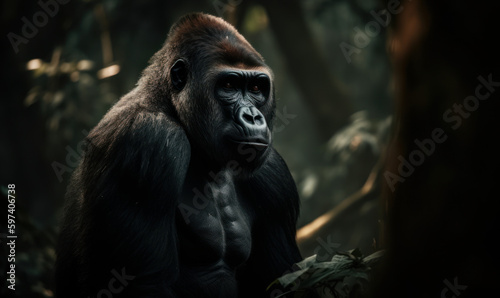 Photo of gorilla, imposing & majestic, standing tall in heart of an African rainforest. gorilla's thick fur, rippling muscles, and intense gaze are illuminated by the soft, warm light. Generative AI