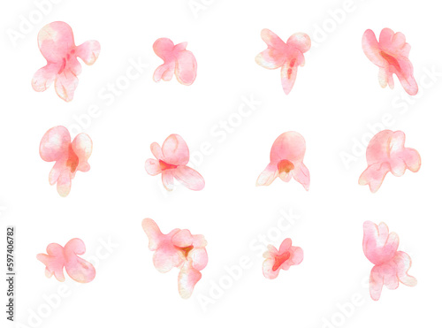 Set of pink popcorn objects  digital watercolor. Nostalgia for 2000