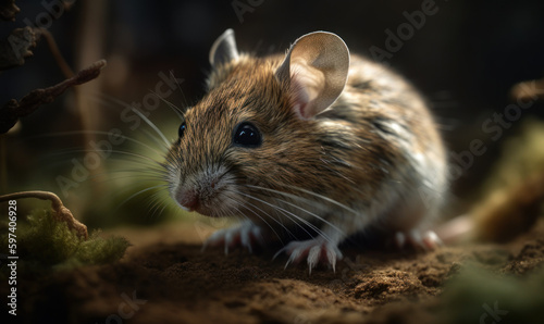 Photo of grasshopper mouse poised for action as it prepares to pounce on its prey showcasing the mouse's agility and predatory instincts with its raw power and beauty. Generative AI © Bartek
