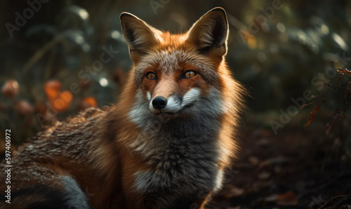 close up photo of fox on blurry green forest background. Generative AI