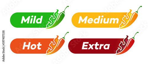 Spicy chili level label mild, medum, hot, extra isolated on background. Pepper sauce with fire flame. Vector Illustration 10 eps