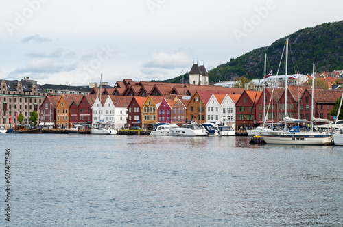Bergen, Norway - The harbor embankment with historic Bryggen wooden houses in the center of the city.