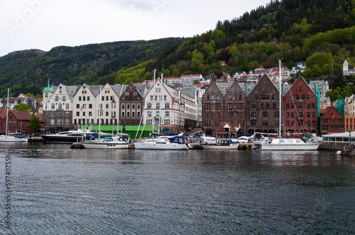 Bergen, Norway - The harbor embankment with historic Bryggen wooden houses in the center of the city.