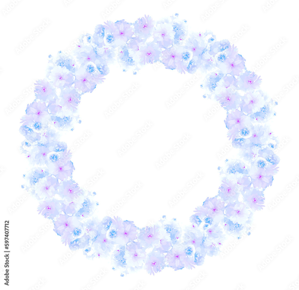 Namalowana okrągła ramka z niebieskich kwiatów