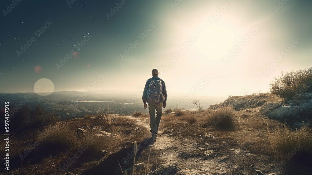 Man hiking at sunset mountains with heavy backpack. Alone in the wild. Hiking concept. Generative AI