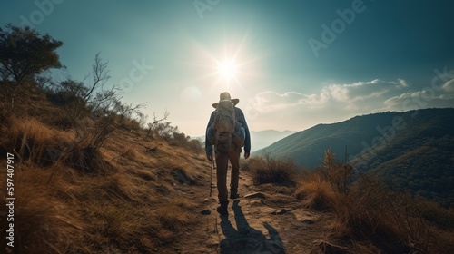 Man hiking at sunset mountains with heavy backpack. Alone in the wild. Hiking concept. Generative AI