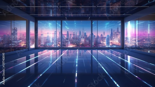 Empty interior with concrete floor and night cityscape view .Futuristic illustration of future technologies. Generative AI