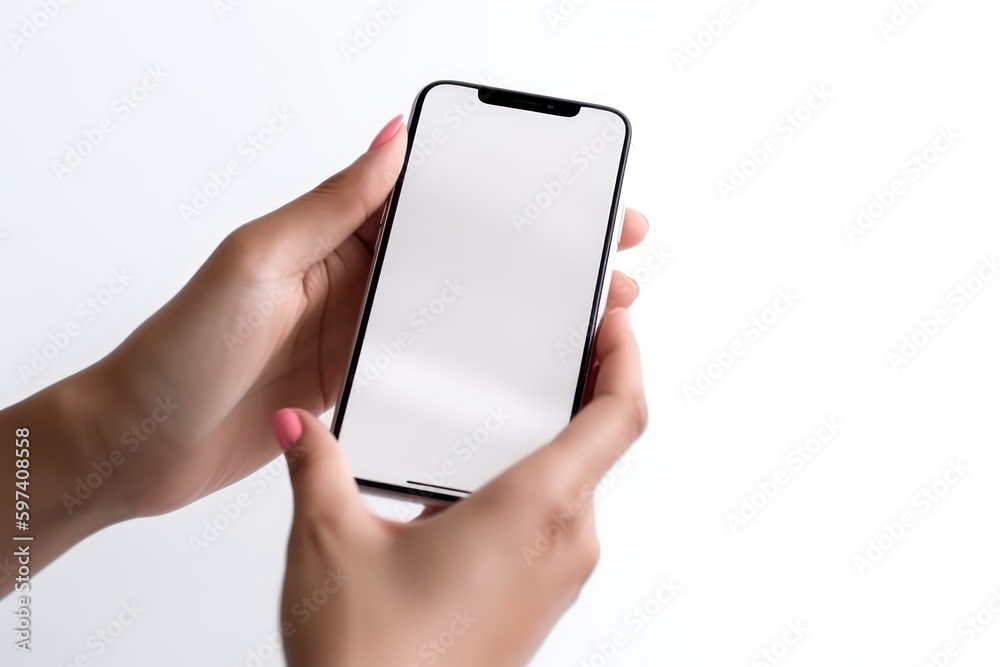 Female hands holding smartphone with blank screen on white background, mockup. generative AI