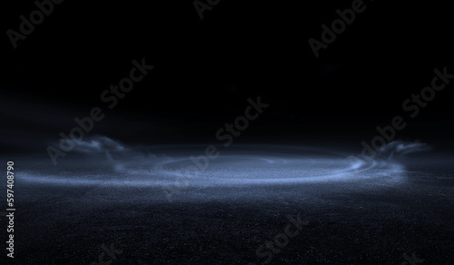 3D Rendering abstract dark night creative blurry outdoor asphalt background with mist light high speed