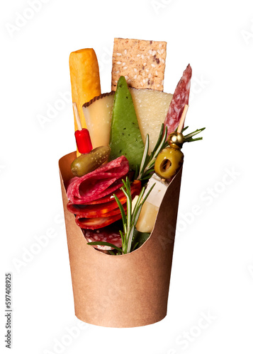 Charcuterie cups with assorted cheese, salami, olives and nuts. Appetizers cups, Snack cups, Charcuterie cones. Isolated